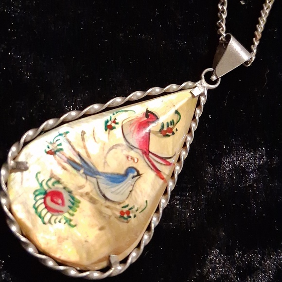 Vintage Handcrafted Persian Silver Pendant with Colorful Bird Design. 18 In Long - Picture 7 of 8